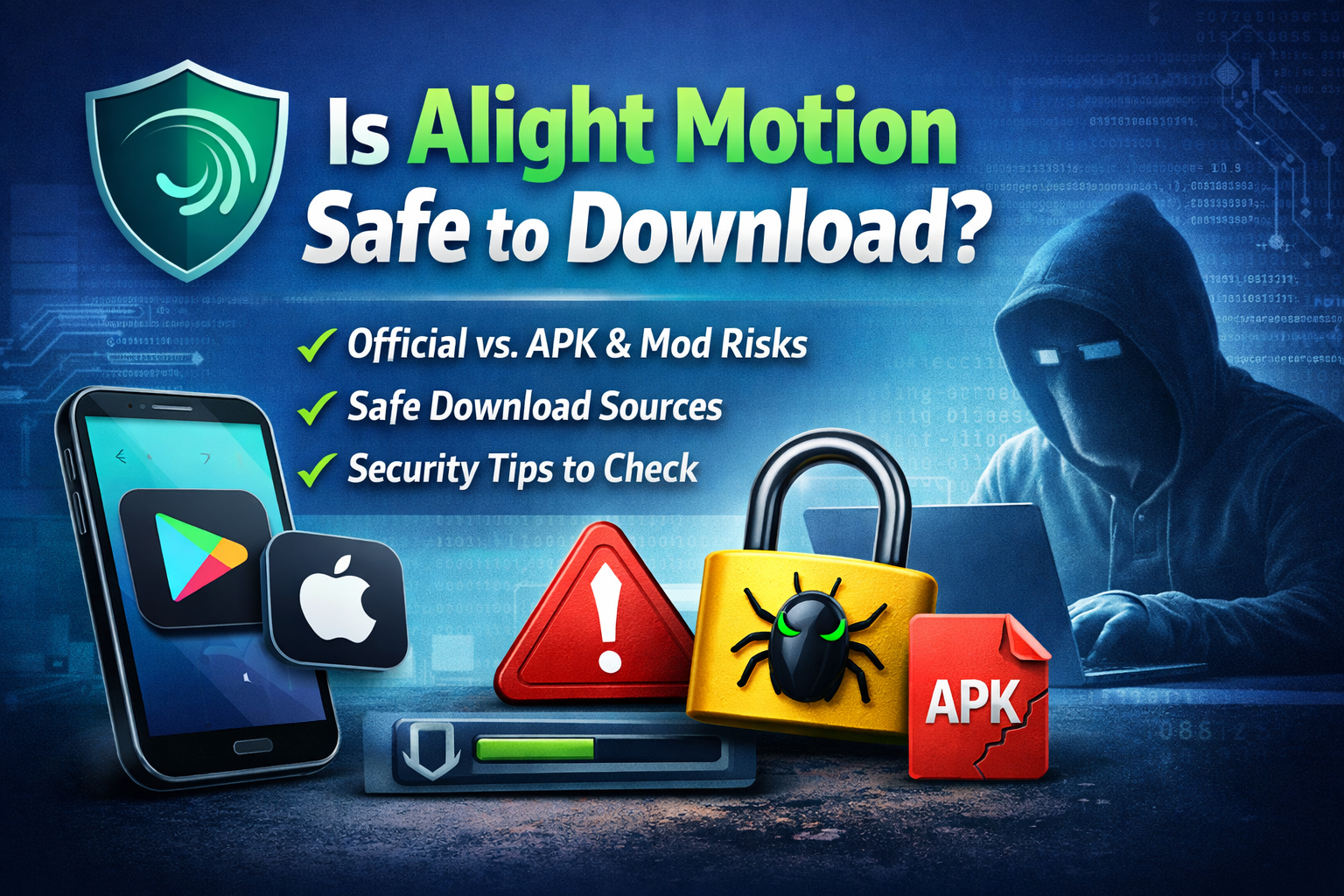 Is Alight Motion safe to download feature image showing official app stores, APK risks, and security warning signs